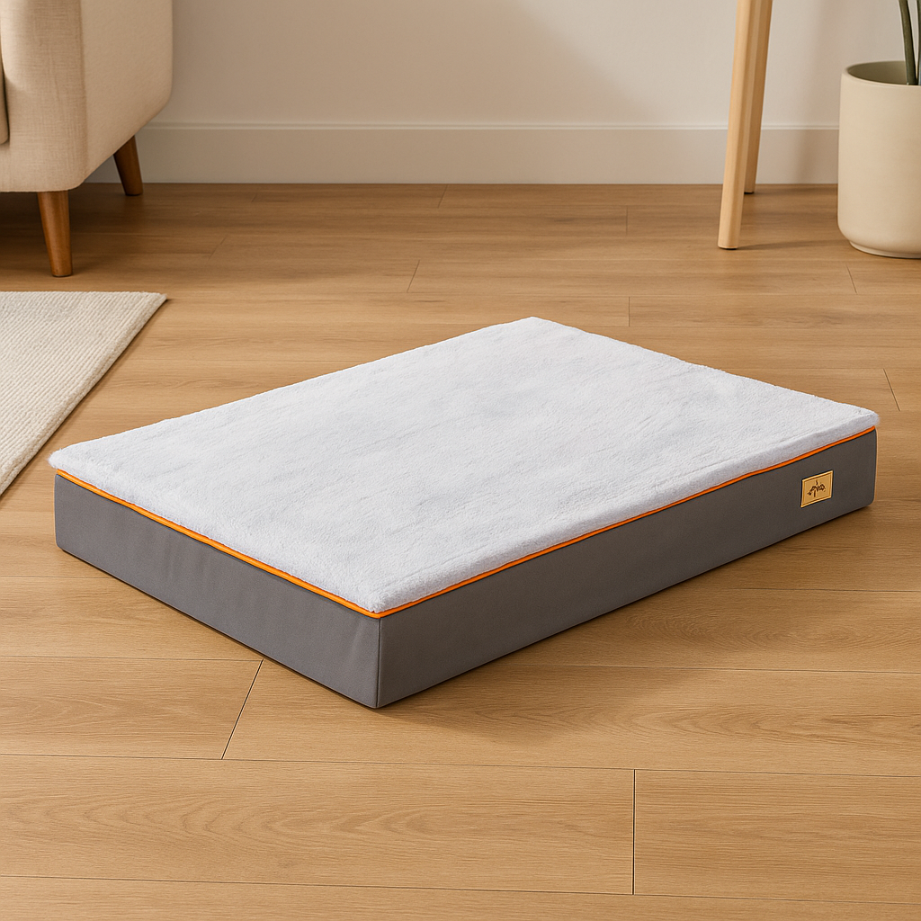Tapis chien gris et blanc orthopédique et moelleux. Le tapis chien est posé dans un salon claire avec en fond un canapé blanc. Image produit Boutiquechien