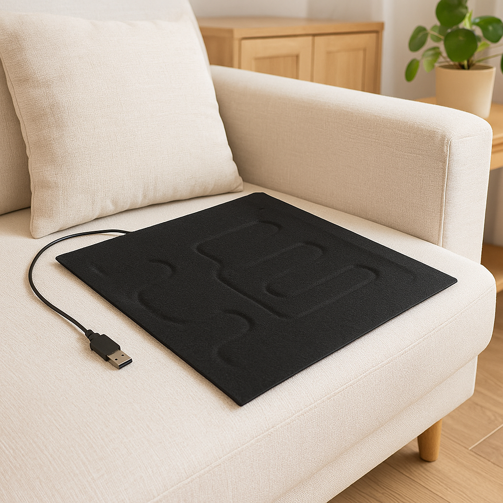 Tapis chien chauffant de couleur noir avec cible USB posé sur un canapé de couleur blanc avec en fond une commode en bosi et une table en bois avec une plante verte. Image produit Boutiquechien