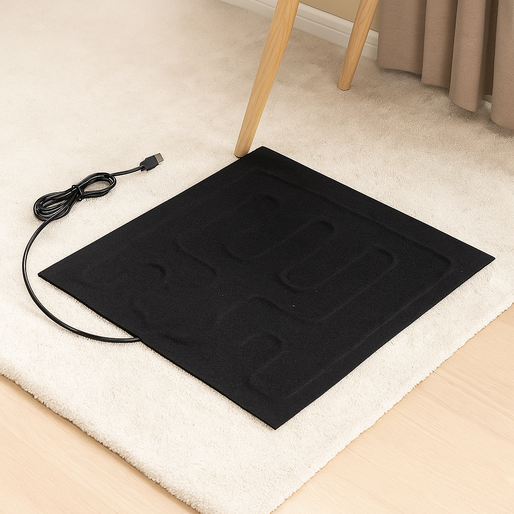 Tapis chien chauffant usb de couleur noir posé sur un tapis de couleur blanc. Image produit Boutiquechien