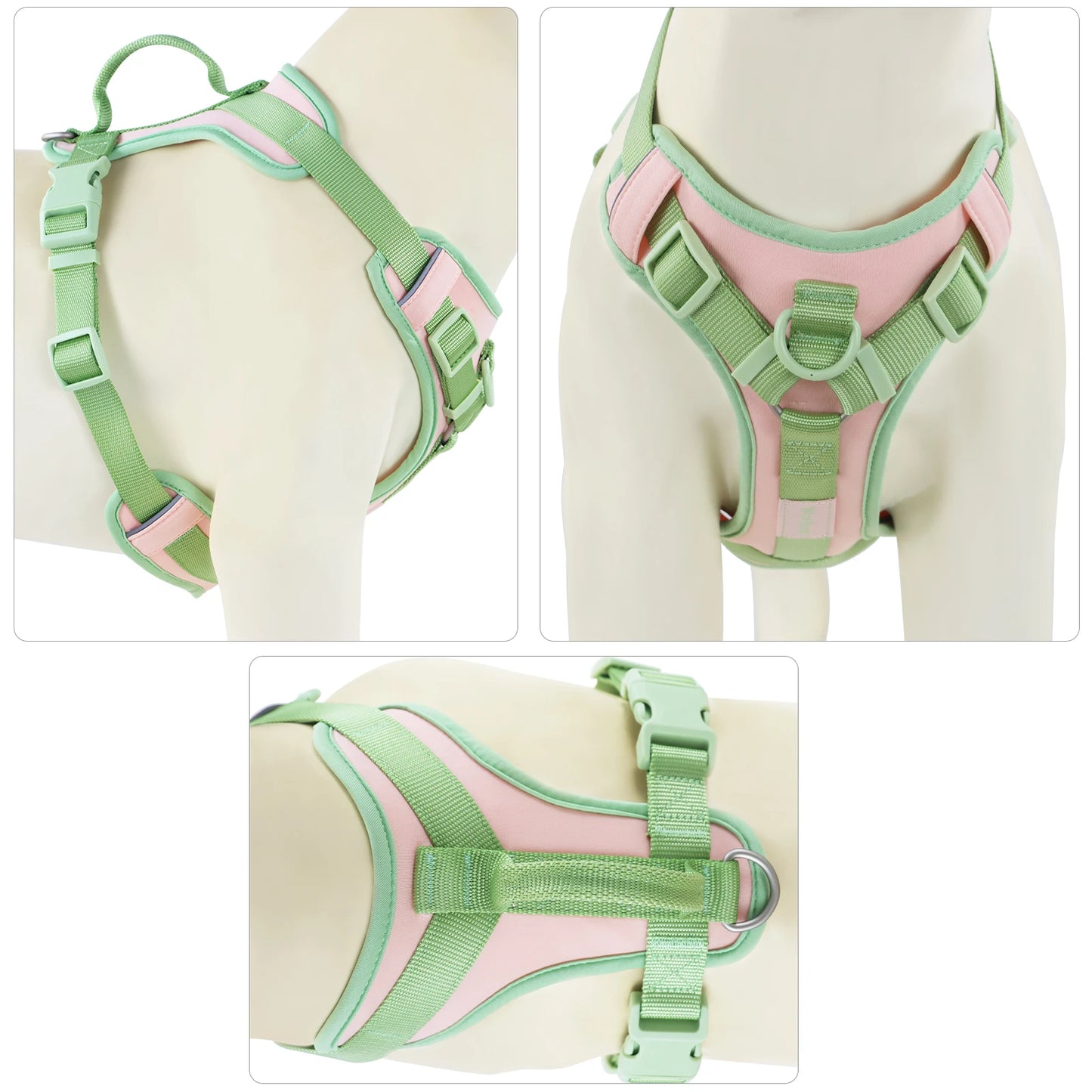 Triple vue du harnais chien de couleur vert et rose durable et résistant. Image produit Boutiquechien