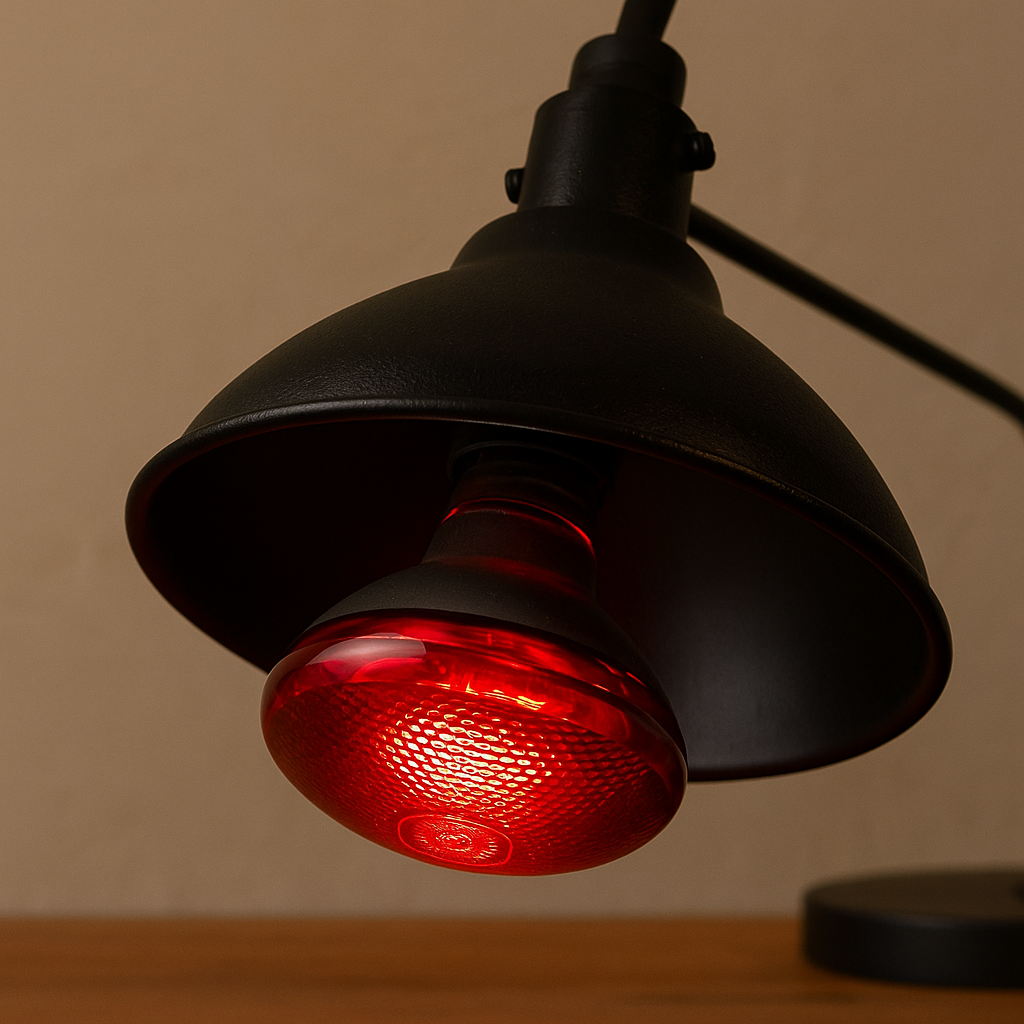 ampoule rouge chauffante avec abat jour de couleur noir. Image produit Boutiquechien
