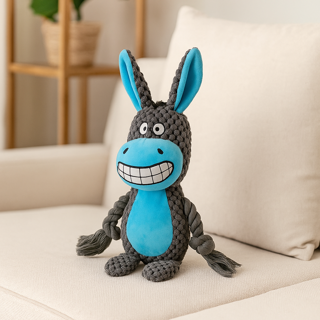 peluche chien noir et bleu assis sur un canapé blanc avec en fond une étagère en bois. Image produit Boutiquechien