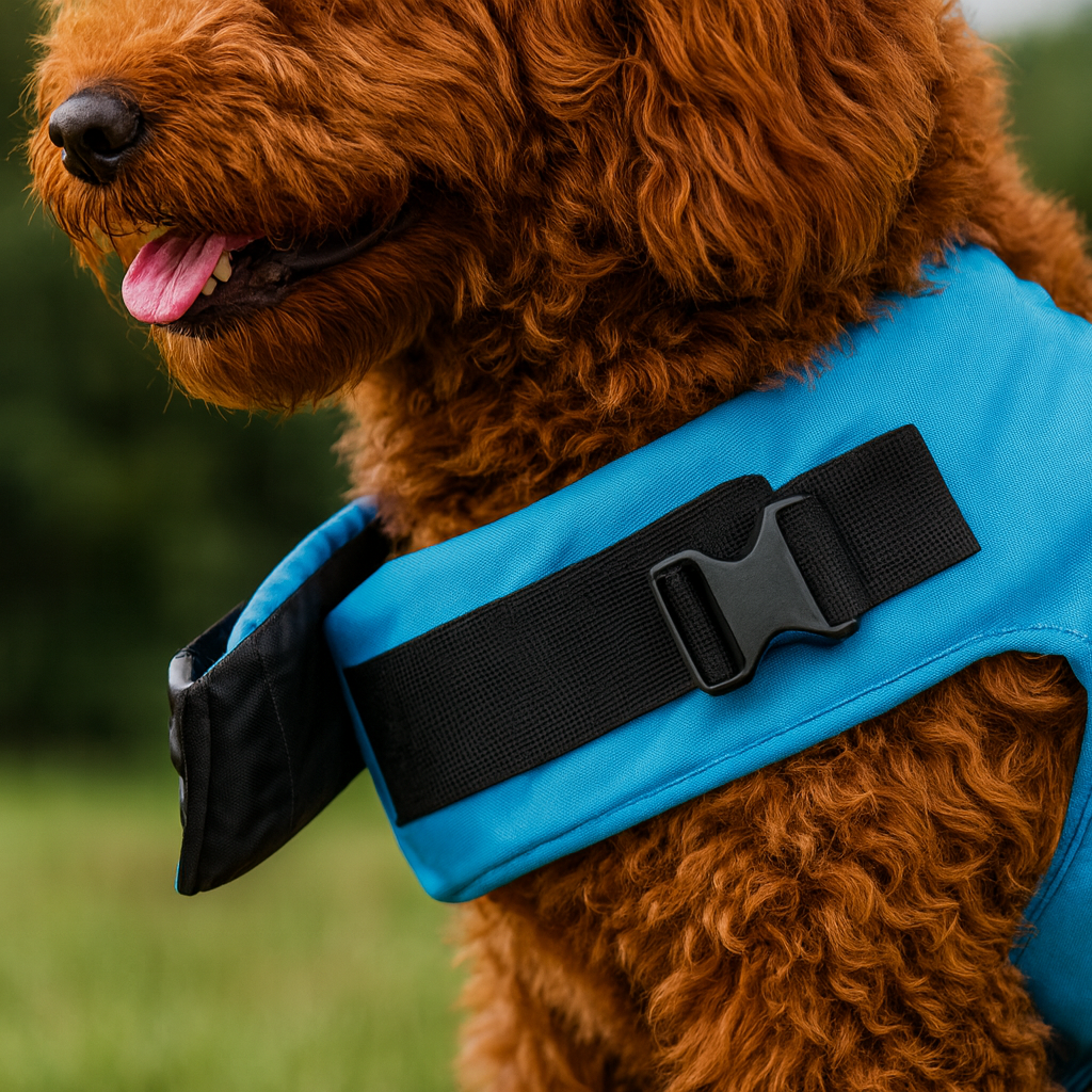 attache du gilet de sauvetage de couleur bleu et noir sur un chien de couleur brun. Image produit Boutiquechien