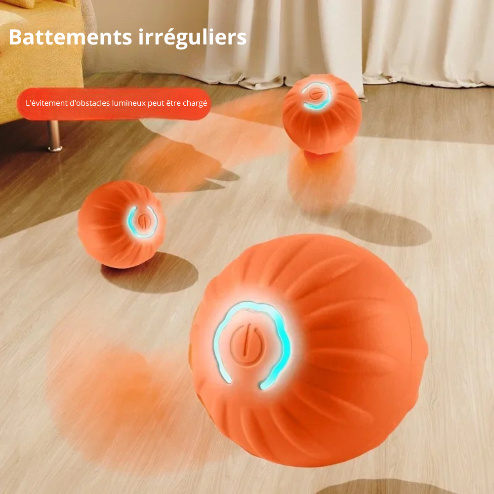 balle pour chien interactive de couleur orange bougeant aléatoirement sur le sol. Image produit Boutiquechien
