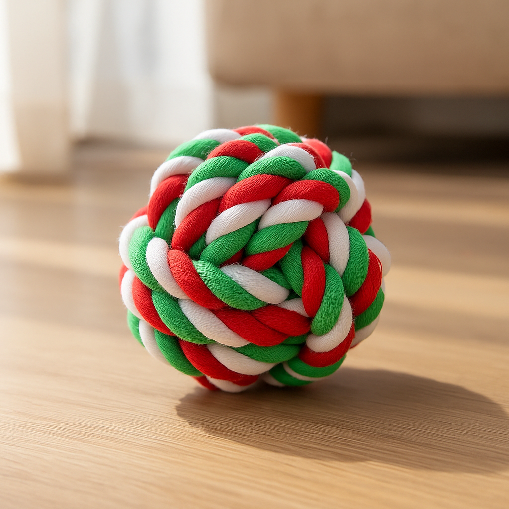 balle chien de couleur noël posé sur le sol de couleur bois. En fond il y a un canapé de couleur gris. Image produit Boutiquechien