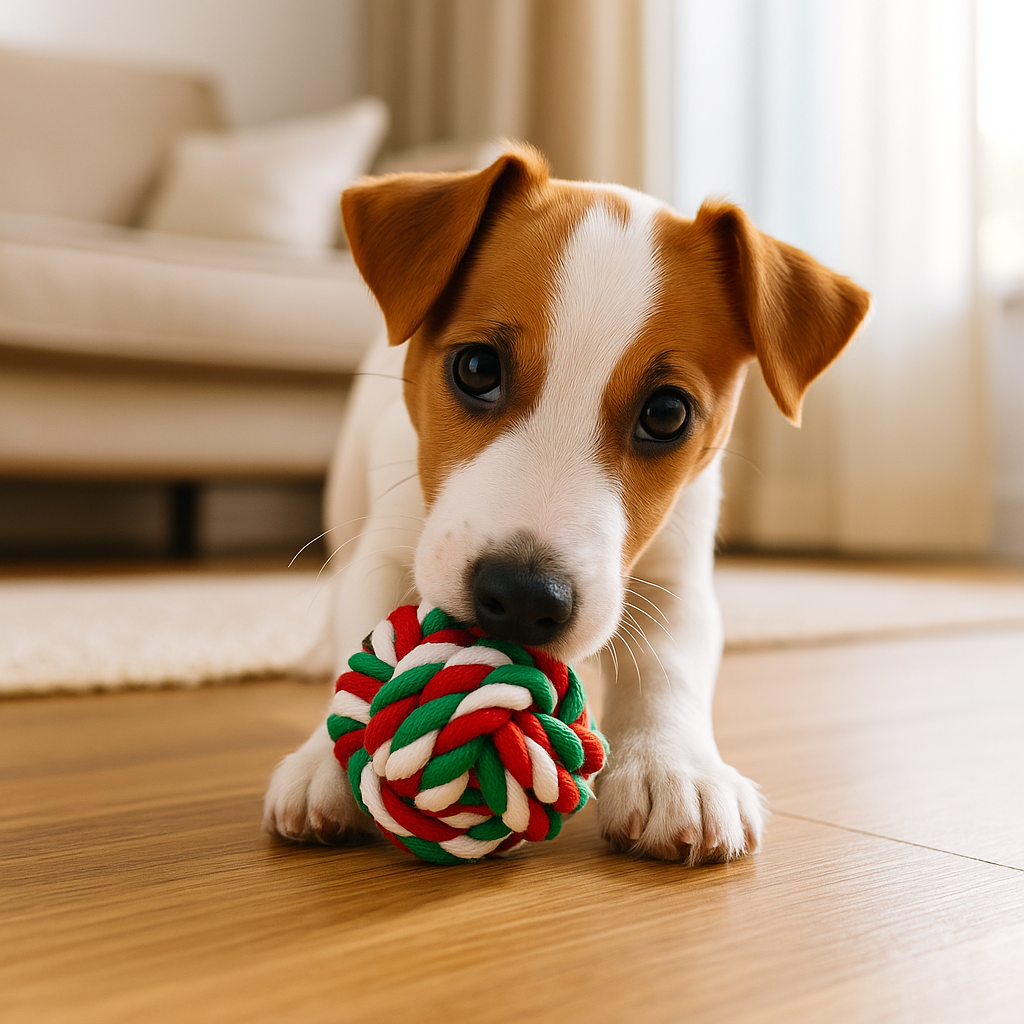 Balle pour chien au couleur de Noel dans un salon de couleur claire avec en fond un canapé gris. Le chien est de couleur blanc et roux. Image produit Boutiquechien