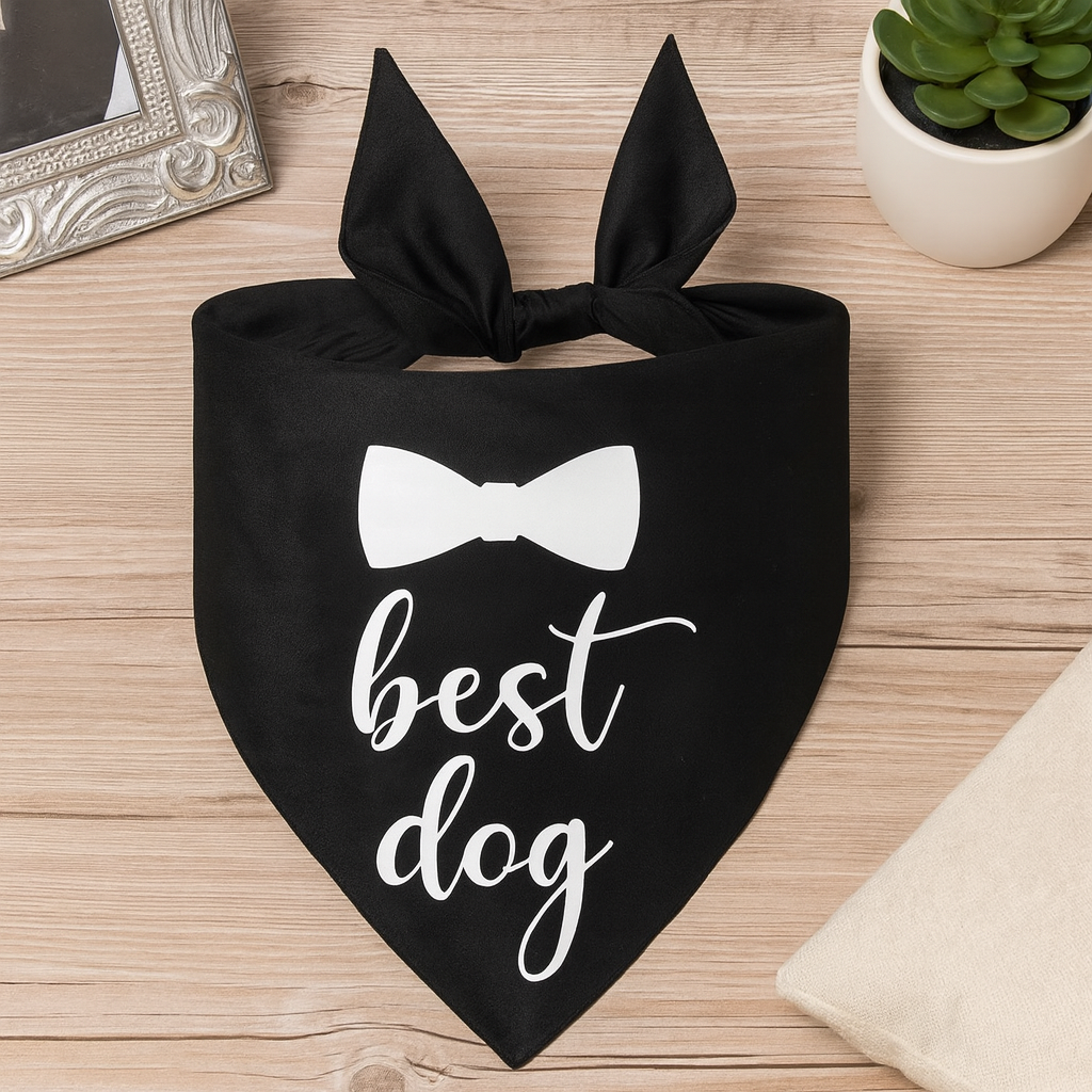 Banda a de mariage pour chien de couleur noir avec écriture blanche dessus. Image produit boutiquechien