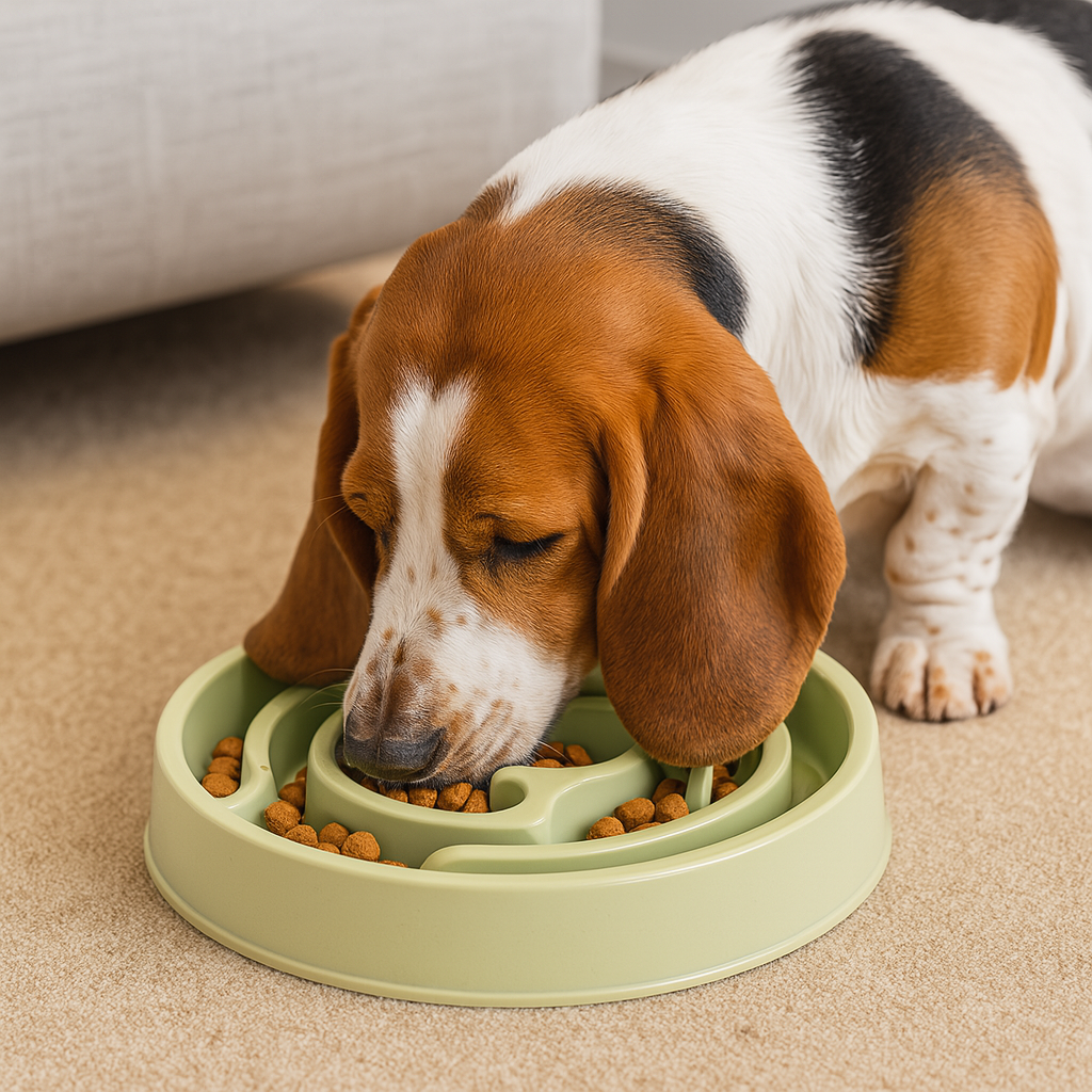 Basset Hund mangeant dans une gamelle anti-glouton de couleur vert dans un salon de couleur claire avec un canapé en fond. Image produit Boutiquechien