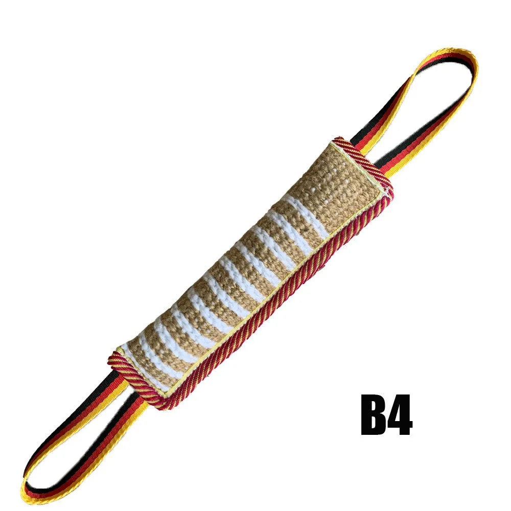 Baton de morsure pour chien de dressage avec lanière jaune, rouge et noir avec un tressage rouge et blanc. Image produit Boutiquechien