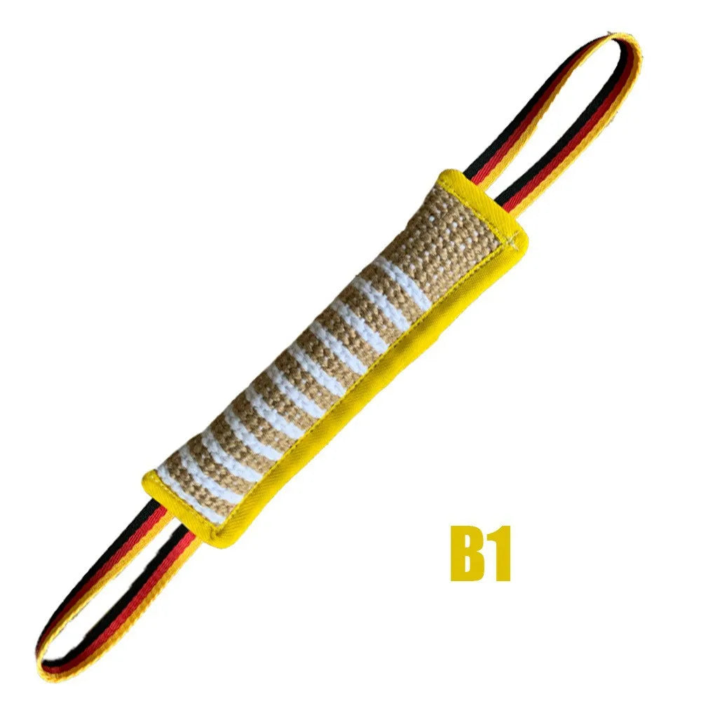 baton de morsure de couleur jaune avec lanière tricolore noir, jaune et rouge. Image produit Boutiquechien