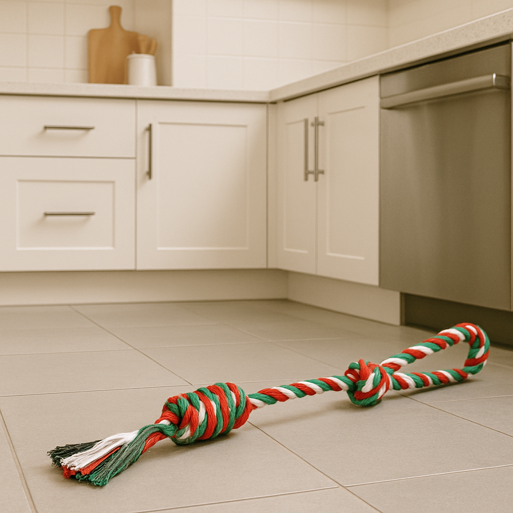Jouet chien en corde dans une cuisine de couleur claire. Image produit Boutiquechien