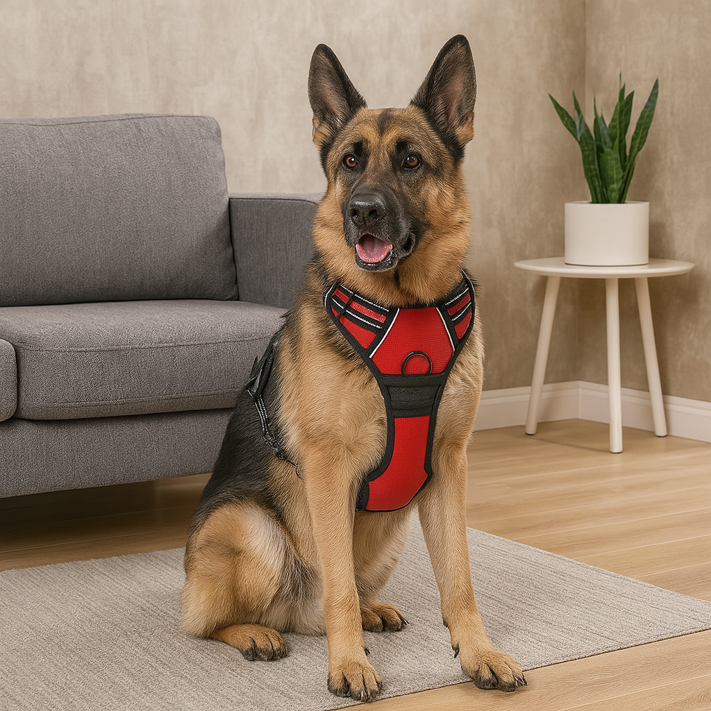 Berger allemand assis dans son salon avec en fond un canapé gris et une plante verte. Le harnais pour chien est de couleir rouge et noir. Image produit Boutiquechien