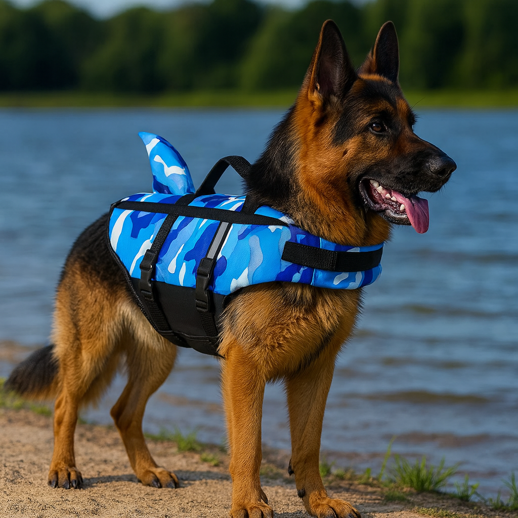 Gros berger allemand de couleur brun et noir portant un gilet de sauvetage de couleur bleu camouflage avec une forme de requin. Le chien est près d'un étang de couleur bleu. Image produit Boutiquechien