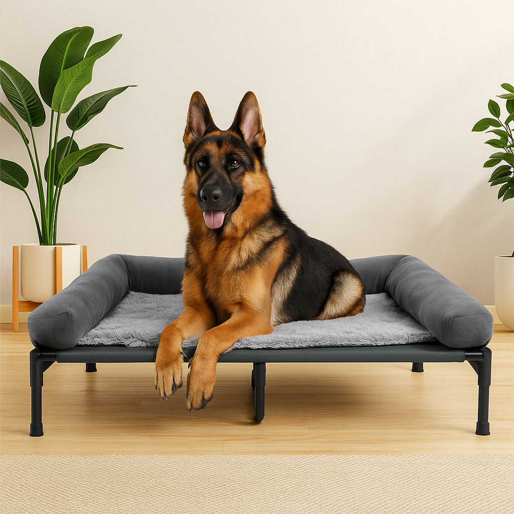 Berger allemand noir et brun couché sur un canapé surélevé avec en fond des plantes vertes. Image produit Boutiquechien