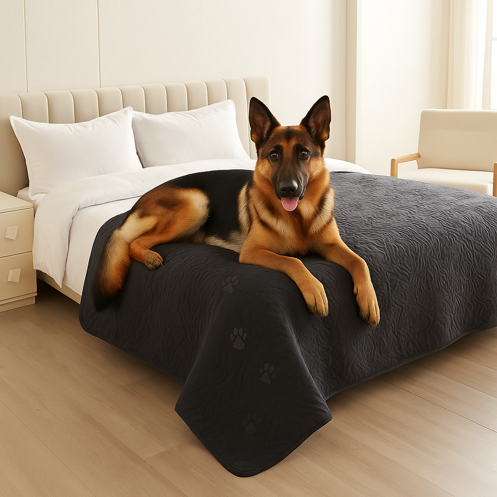 Berger allemand de couleur brun couché sur un lit de couleur blanc. Le chien est couché sur une protection de lit de couleur noir pour chien. Image produit Boutiquechien