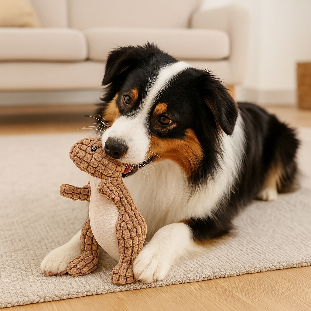 Berger australien de couleur noir roux et blanc sur un tapis claire. En fond il y a un canapé blanc. Le chien joue avec un dinosaure de couleur claire de Boutiquechien