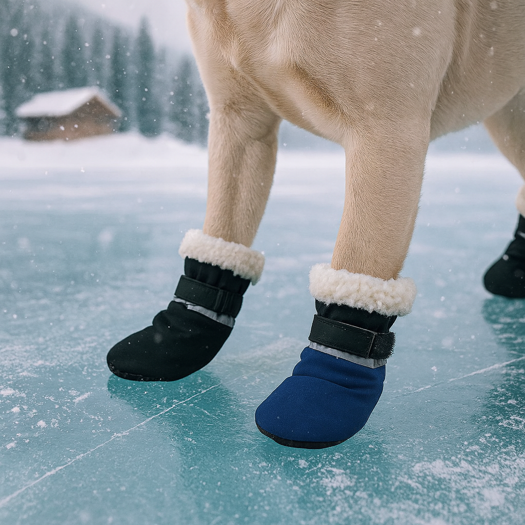 Bottes bleu pour chien sur de la glace avec en fond un châlet sous la neige près des arbres. Image produit Boutiquechien