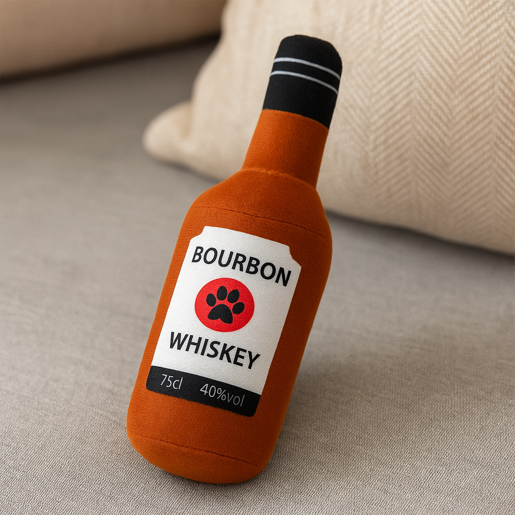 Bourbon de couleur brun et noir posé sur un canapé de couleur gris. Image produit Boutiquechien
