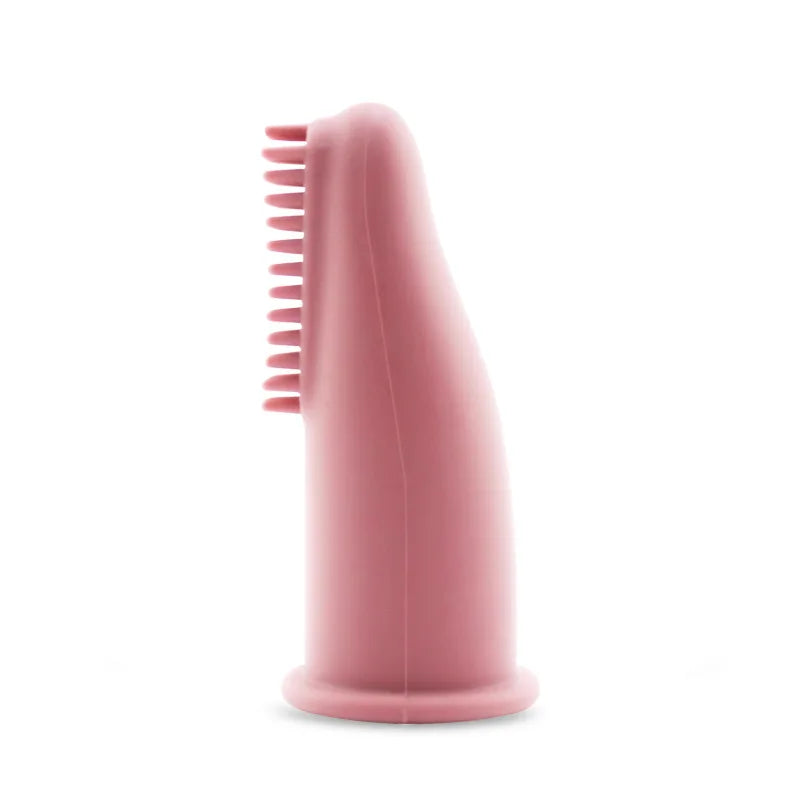 Brosse à dent pour chien de couleur rouge saumon claire à mettre au bout de son doigt pour brosser les dents de son chien. Image produit Boutiquechien