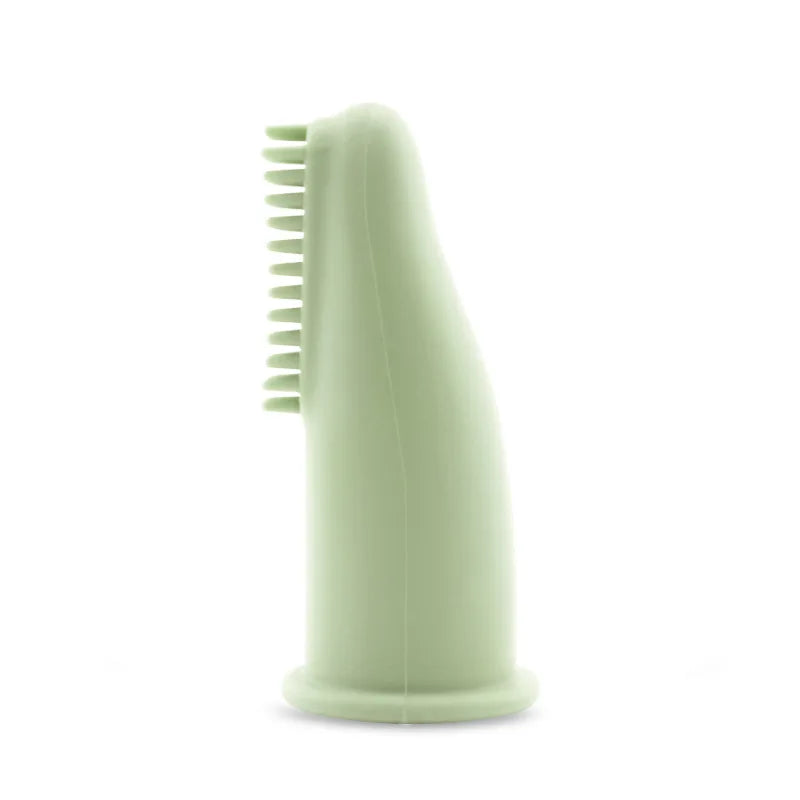 Brosse à dent pour chien de couleur vert claire saumon claire à mettre au bout de son doigt pour brosser les dents de son chien. Image produit Boutiquechien