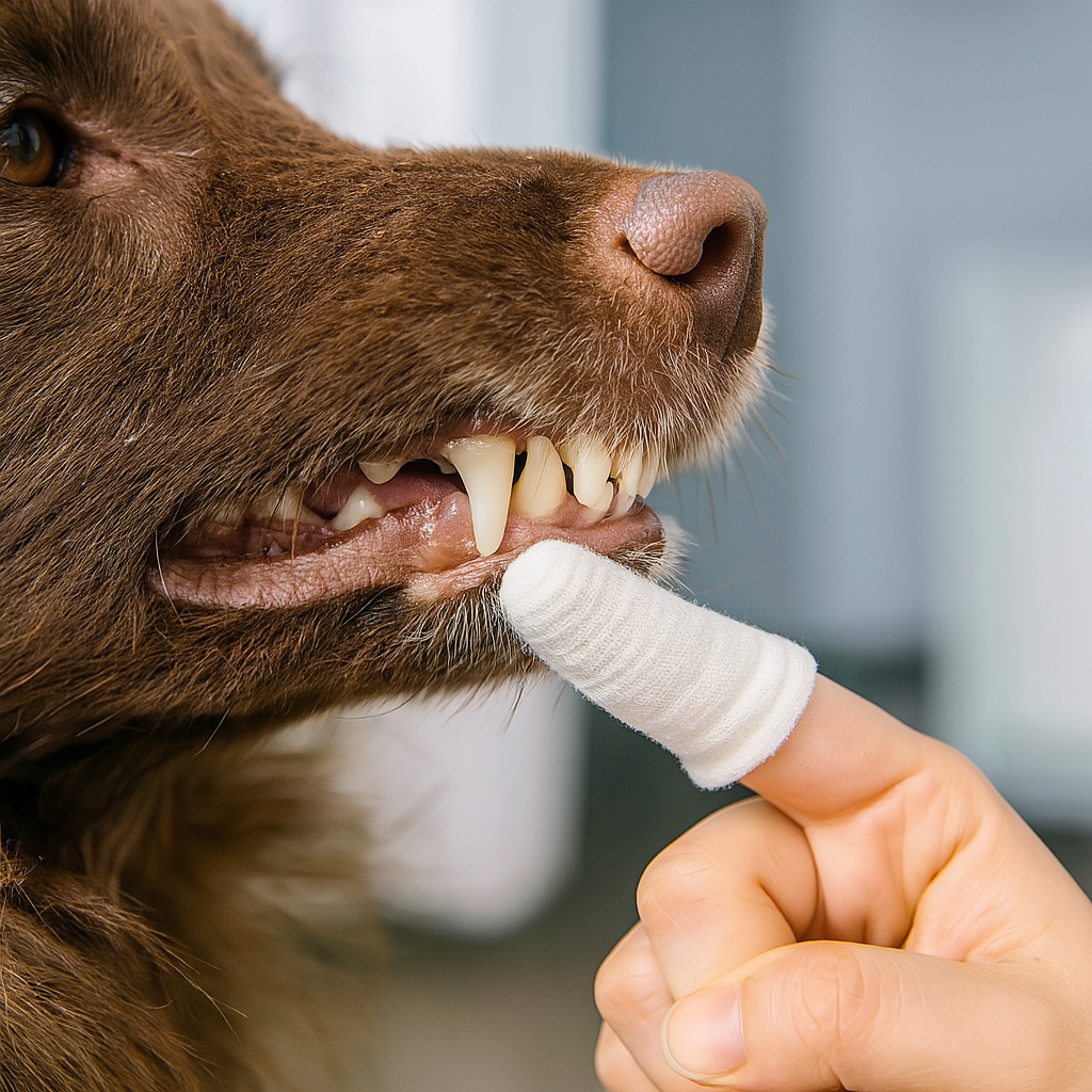 brosse a dent 360 de couleur blanc sur un doigt. Le chien est de couleur brun et se fait brosser ses dents blanches Image produit Boutiquechien