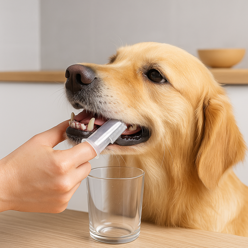 Golden retriever de couleur brun se faisant brosser les dents avec une brosse à dent chien transparente. Image produit Boutiquechien