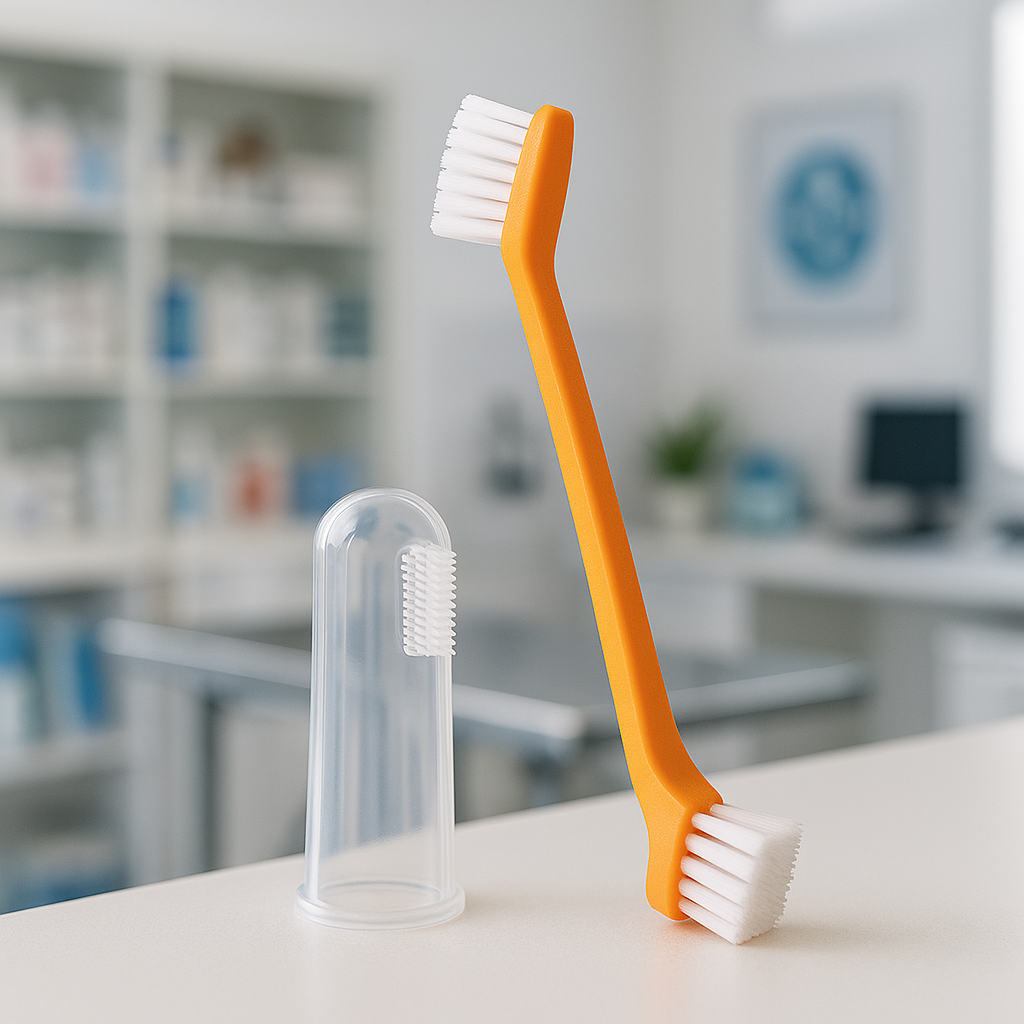 Brosse à dent de couleur orange a double côté avec une brosse à dent doigt transparent. Le produit est posé dans un cabinet vétérinaire. Image produit Boutiquechien