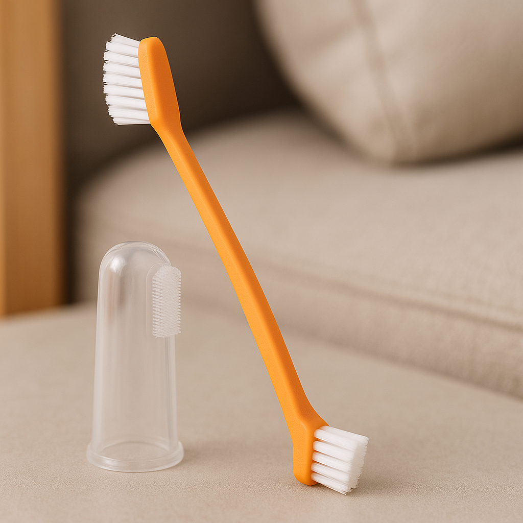 Brosse à dent double de couleur orange avec des picots blancs. Le pack contient une brosse à dent doigt transparent. image produit Boutiquechien