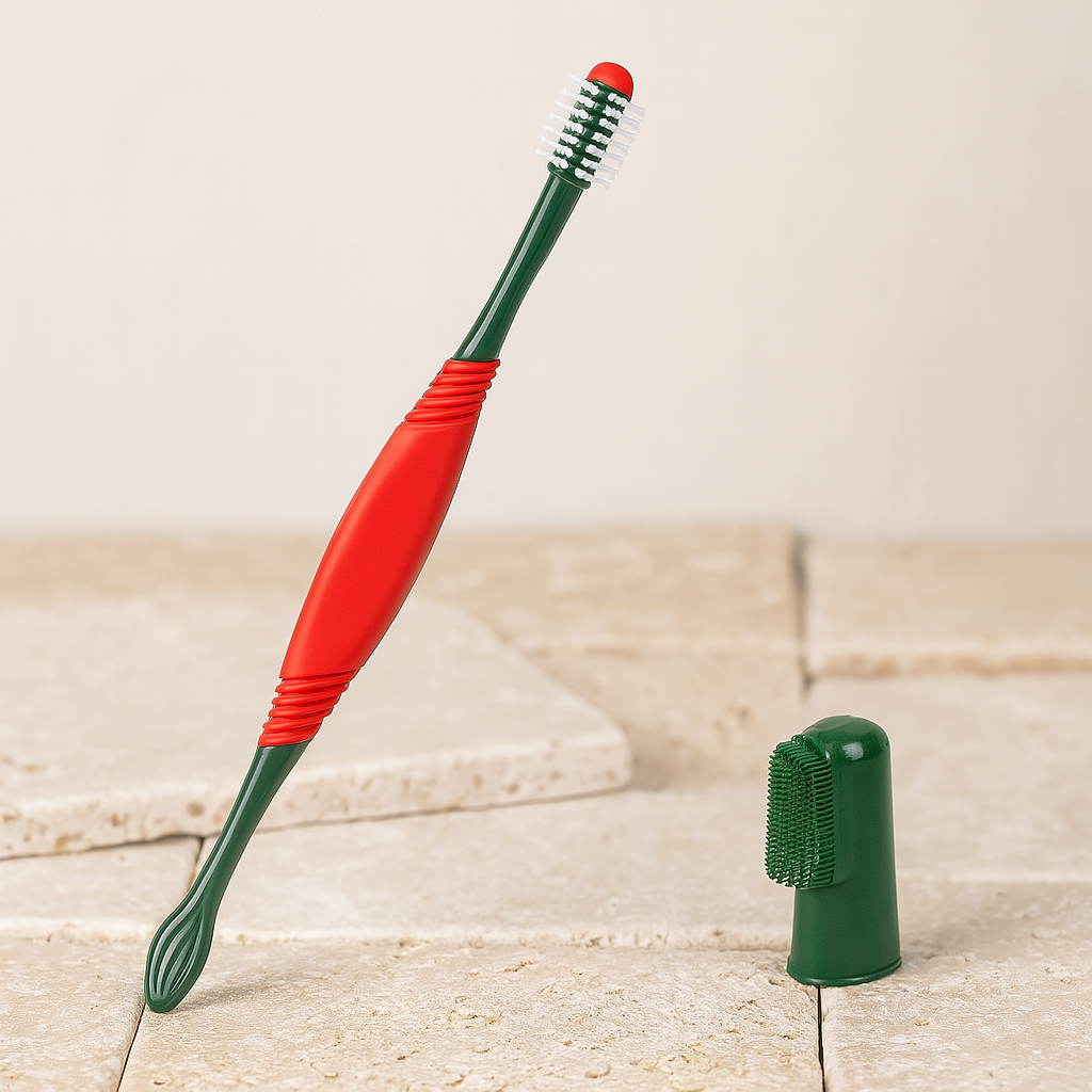 brosses à dents pour chien de couleur rouge et vert avec doigt brosse dent de couleur kaki. Image produit Boutiquechien