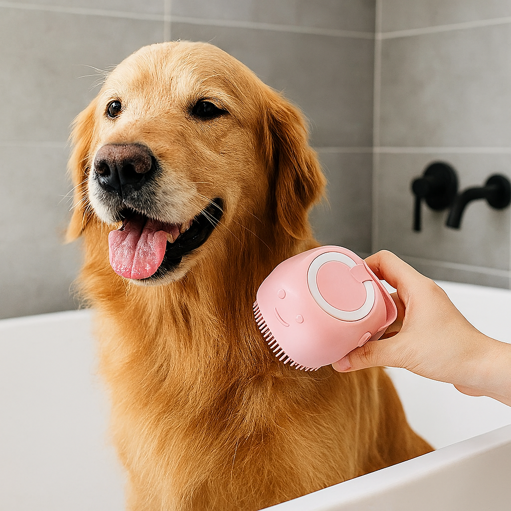brosse pour chien mousseuse de couleur rose. Le golden retriever est de couleur burn et assis dans la baignoire blanche. Image produit Boutiquechien