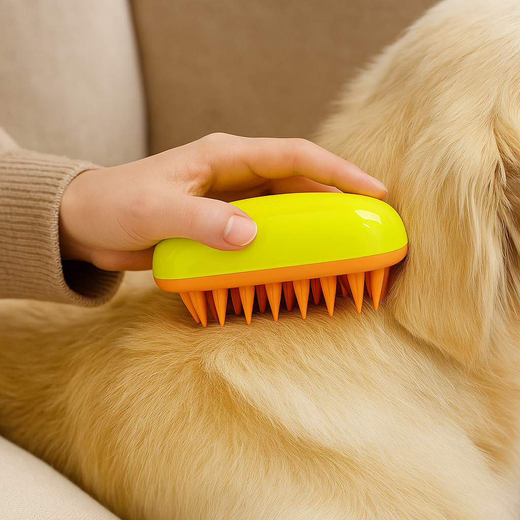 Brosse à vapeur pour chein de couleur vert et orange brossant un chien de couleur blanc sur un canapé gris. Image Produit Boutiquechien