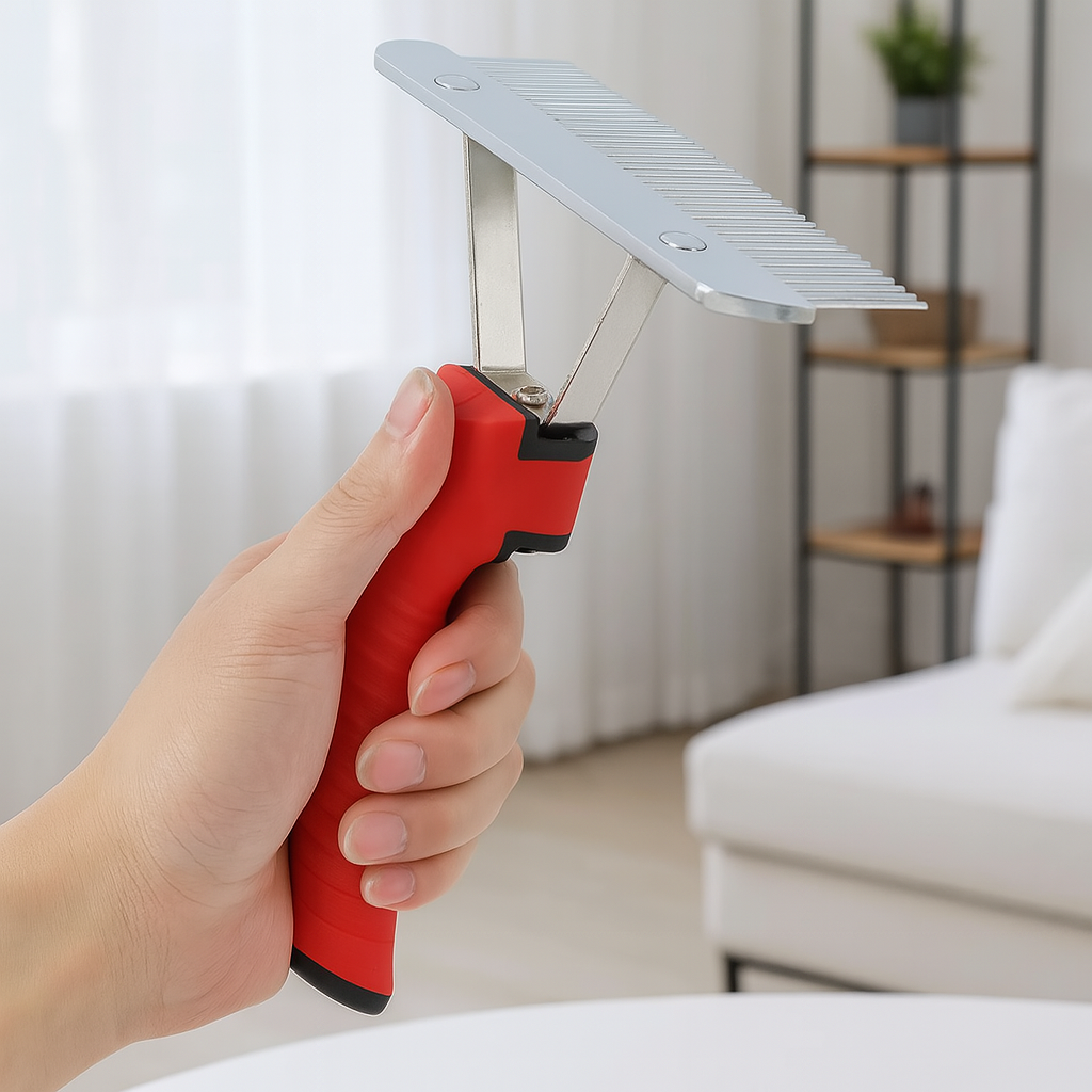 brosse pour chien de couleur rouge avec une brosse métal. en fond il y a un canapé de couleur blanc avec une étagère bois et des plantes verte. Image produit Boutiquechien