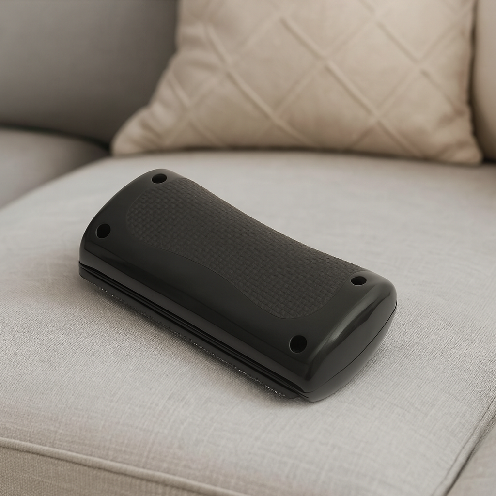 Petit brosse pour chien de couleur noir posé sur un canapé de couleur beige. Image produit Boutiquechien