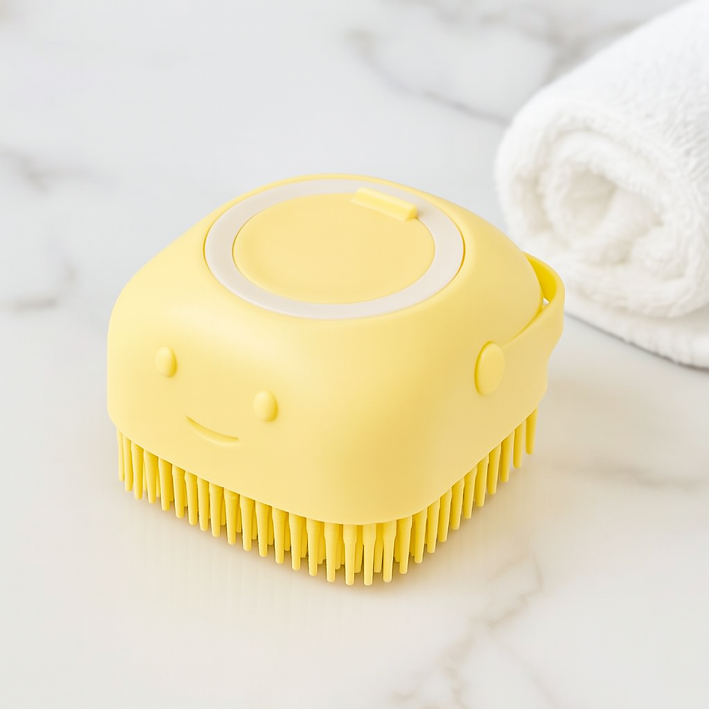brosse jaune pour chien qui fait de la mousse. La brosse est de couleur jaune. Image produit Boutiquechien