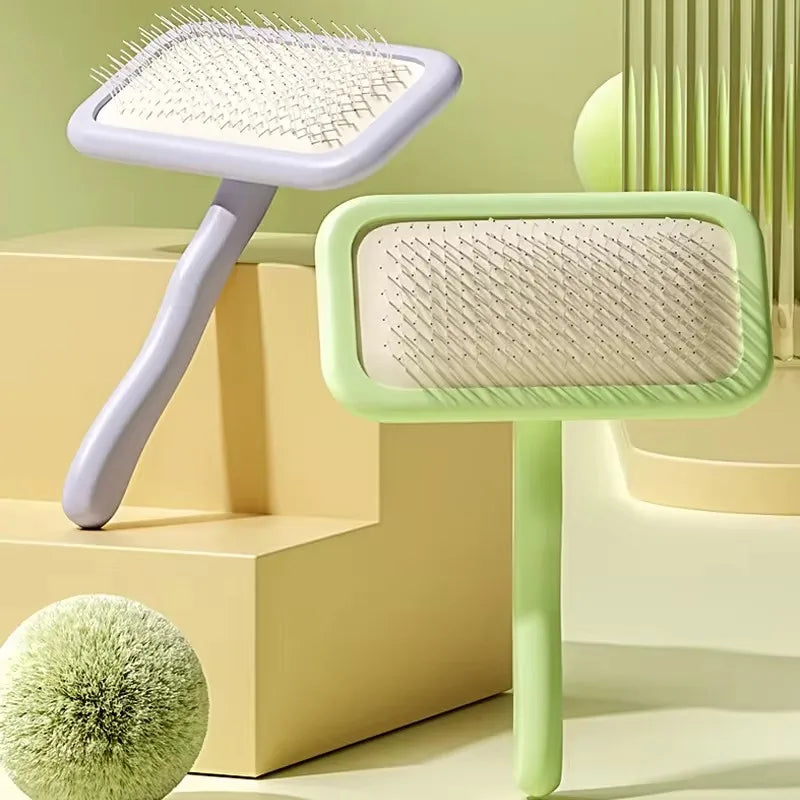 deux brosse pour chien de couleur verte et violette mis en valeur dans un décor coloré. Image produit Boutiquechien