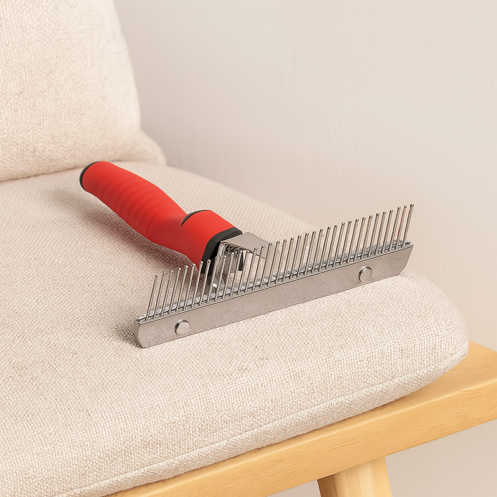 brosse pour chien de couleur rouge et métal posé sur une chaise. Image produit Boutiquechien
