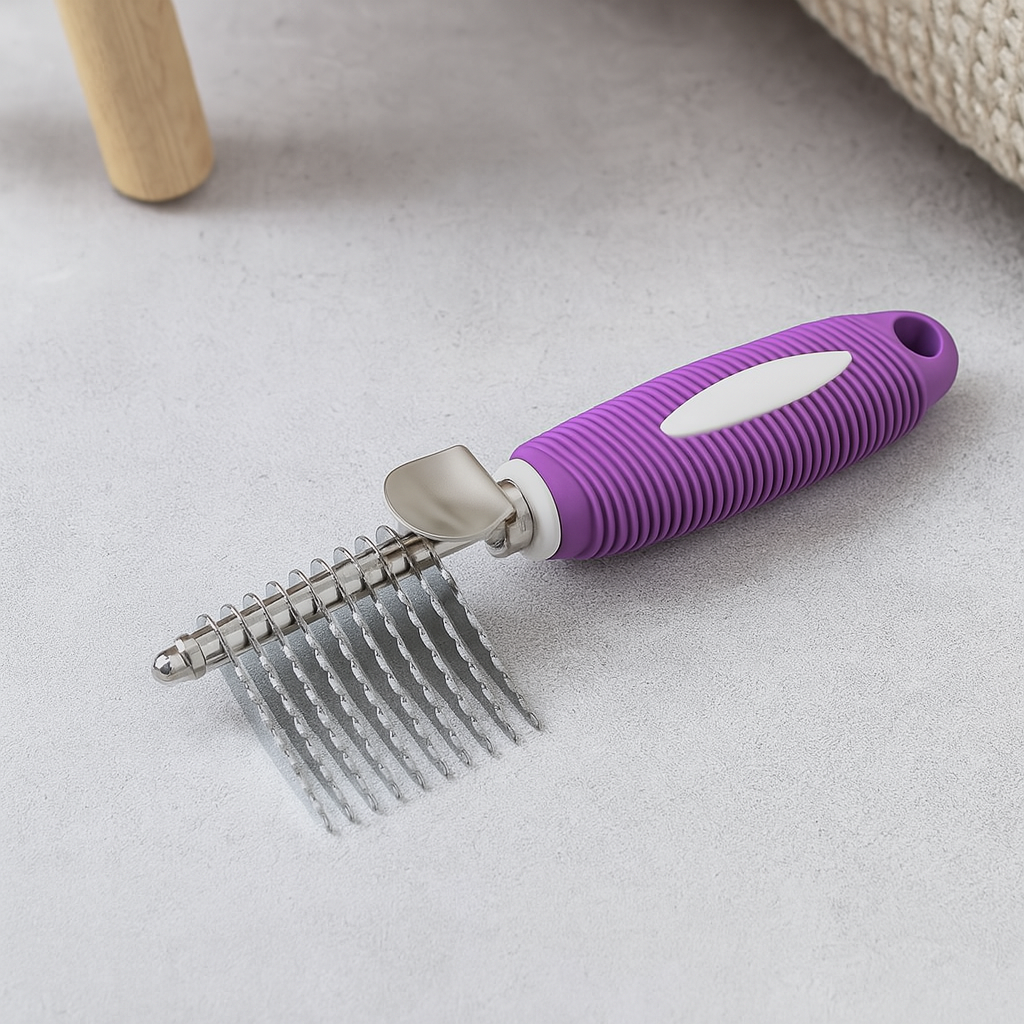 brosse démêlante de couleur violette pour les chiens à longs poils. Image produit Boutiquechien