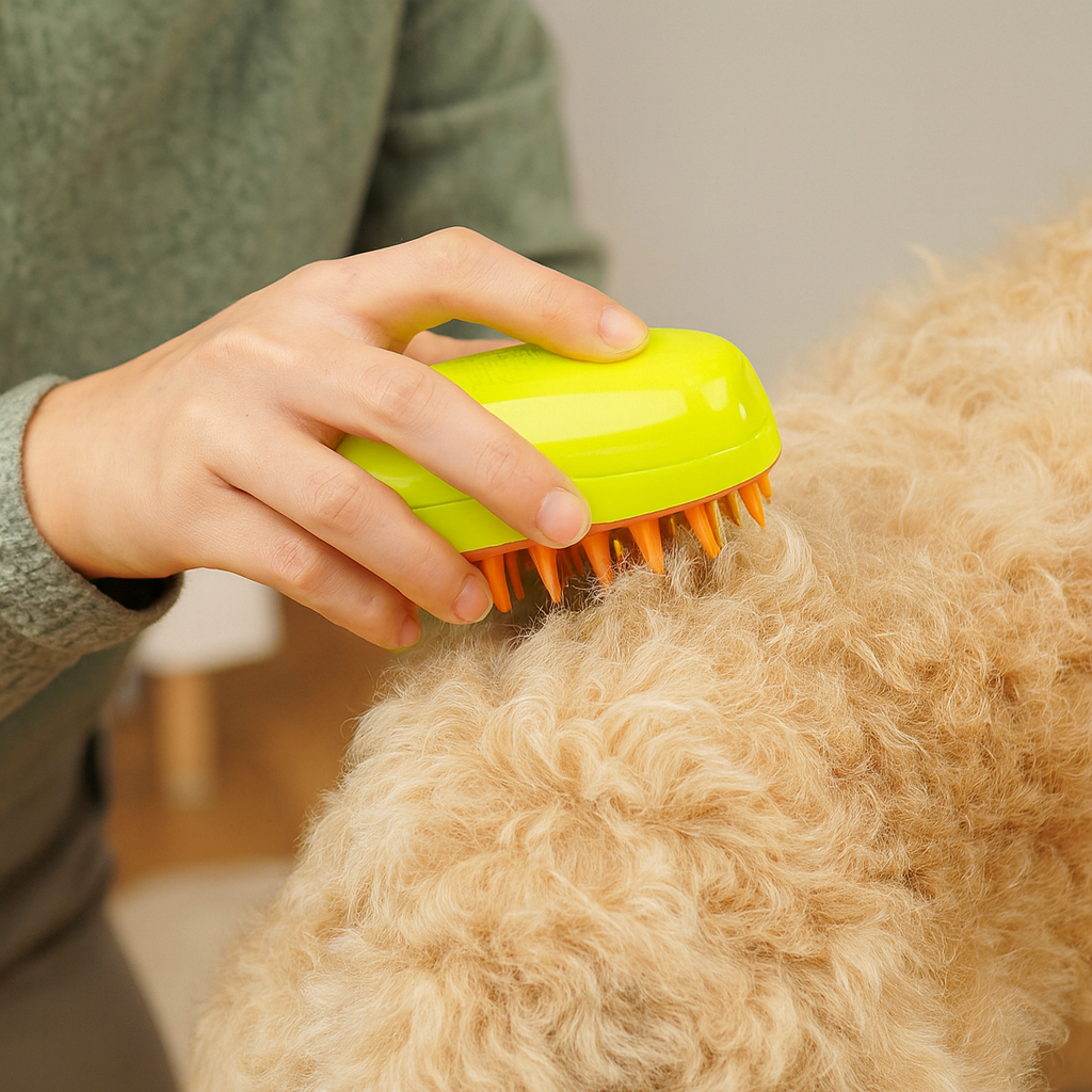 Brosse pour chien de couleur verte et orange brossant un chien avec des noeud blanc. Une femme brosse son chien. Image Produit Boutiquechien