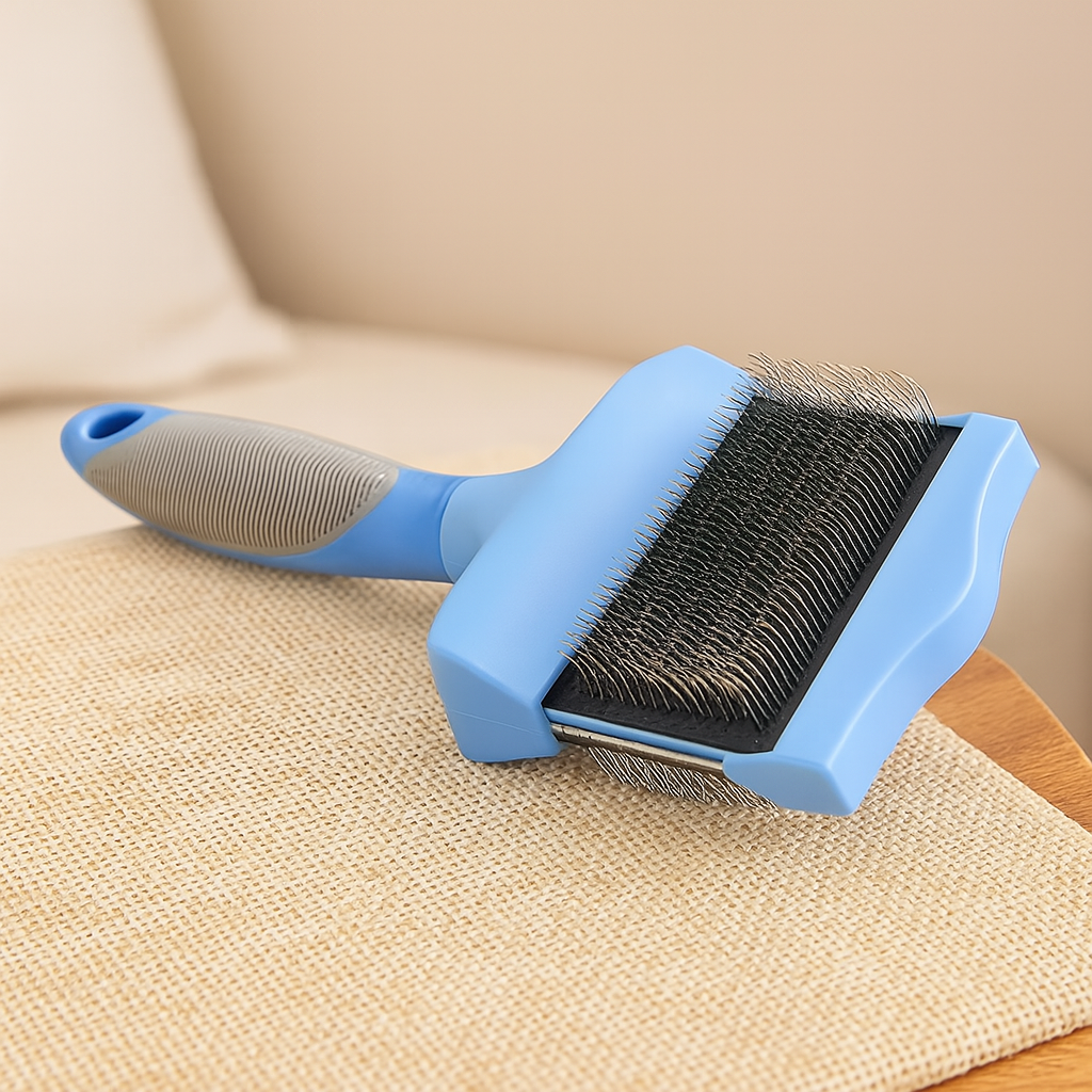 grosse brosse chien bleu double fasse mis en valeur sur un fond beige. Image produit Boutiquechien