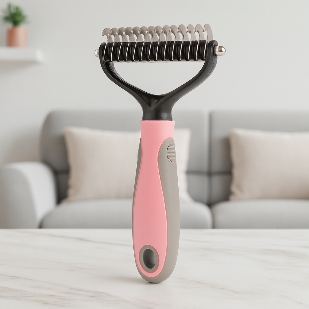 Brosse chien de taille m de couleur rose et noir posé dans un salon de couleur claire. En fond il y a un canapé de couleur gris. Image produit Boutiquechien