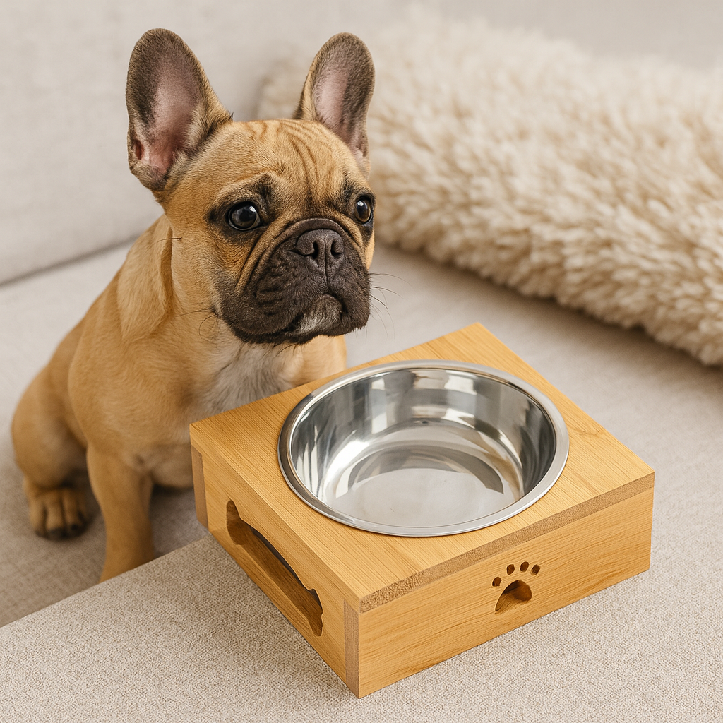 Buldog derrière une gamelle pour petit chein sur support bois. La gamelle est posé sur un canapé de couleur gris. Image produit Boutiquechien