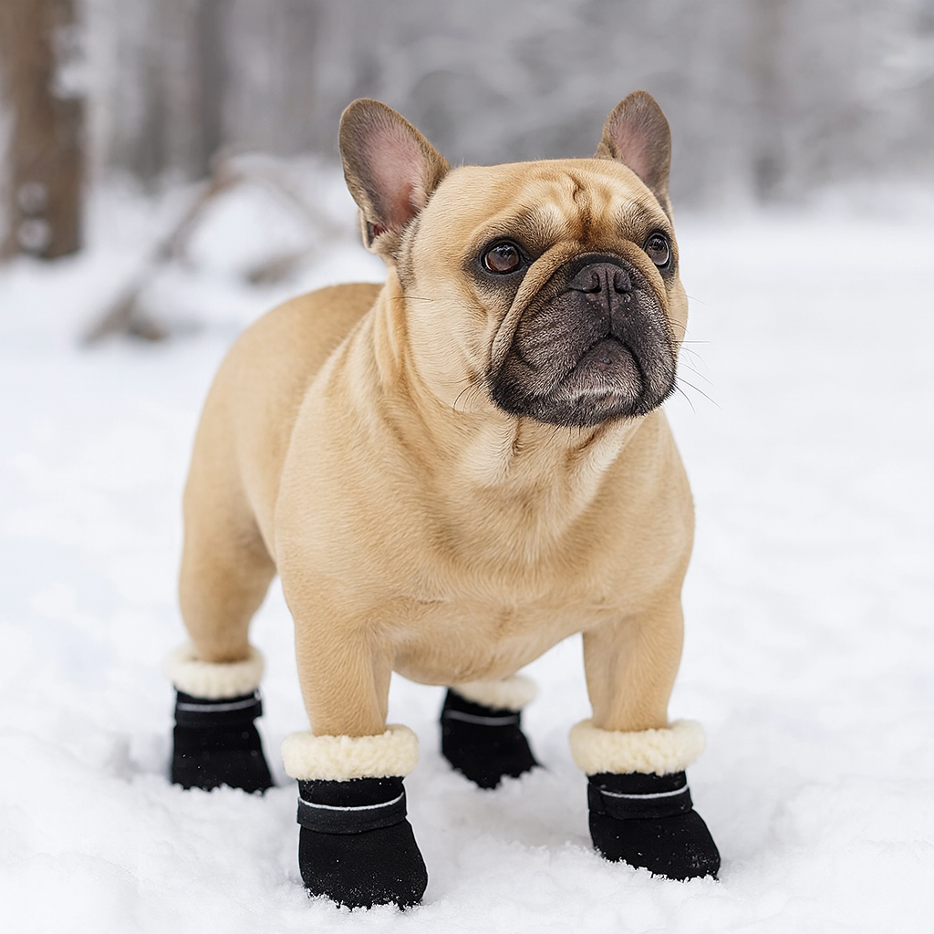 Bulgod de couleur blanc portant des bottes d'hiver pour chien de couleur noir et blanc dans la neige. En fond il y a des arbres couvert de neige; Image produit Boutiquechien