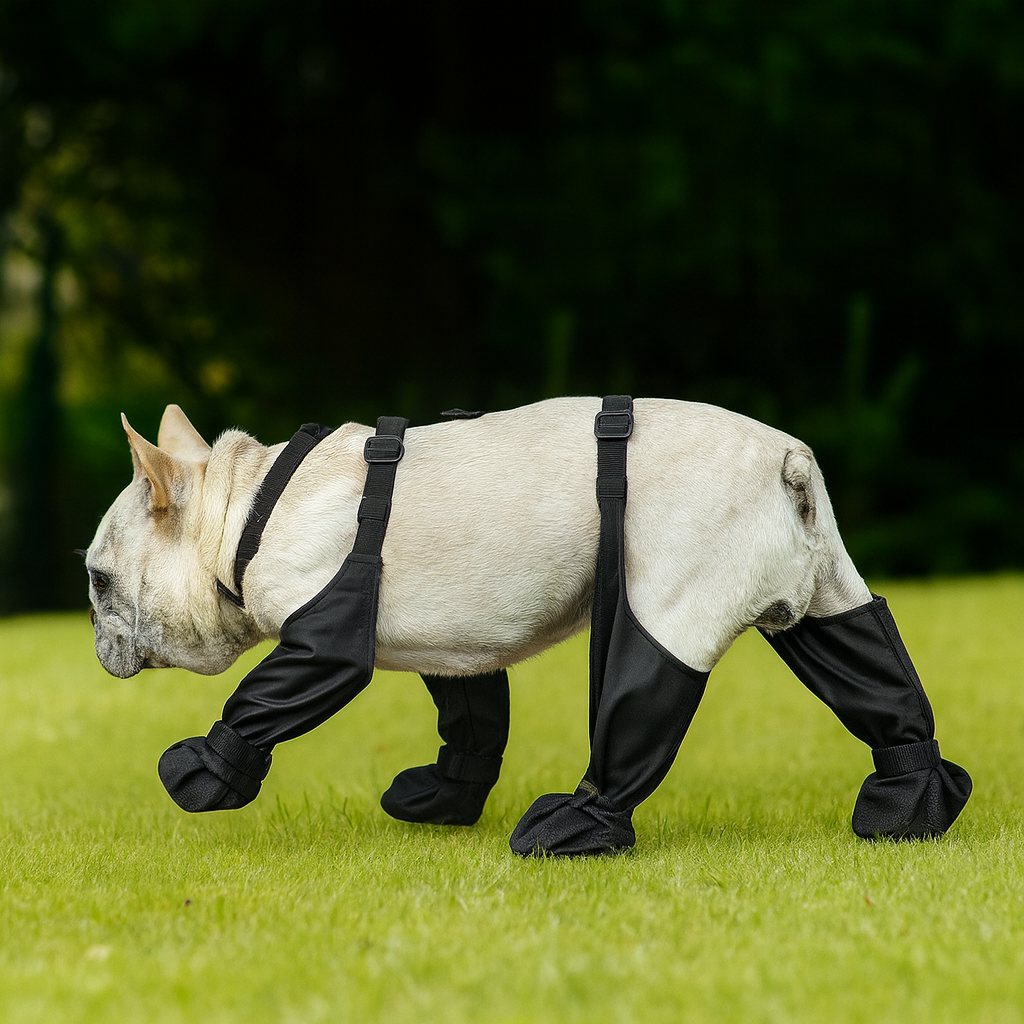 Buldog de couleur blanc portant des bottes hautes noir. Le chien marche dans l'herbe verte avec en fond des arbres vert. Image produit Boutiquechien