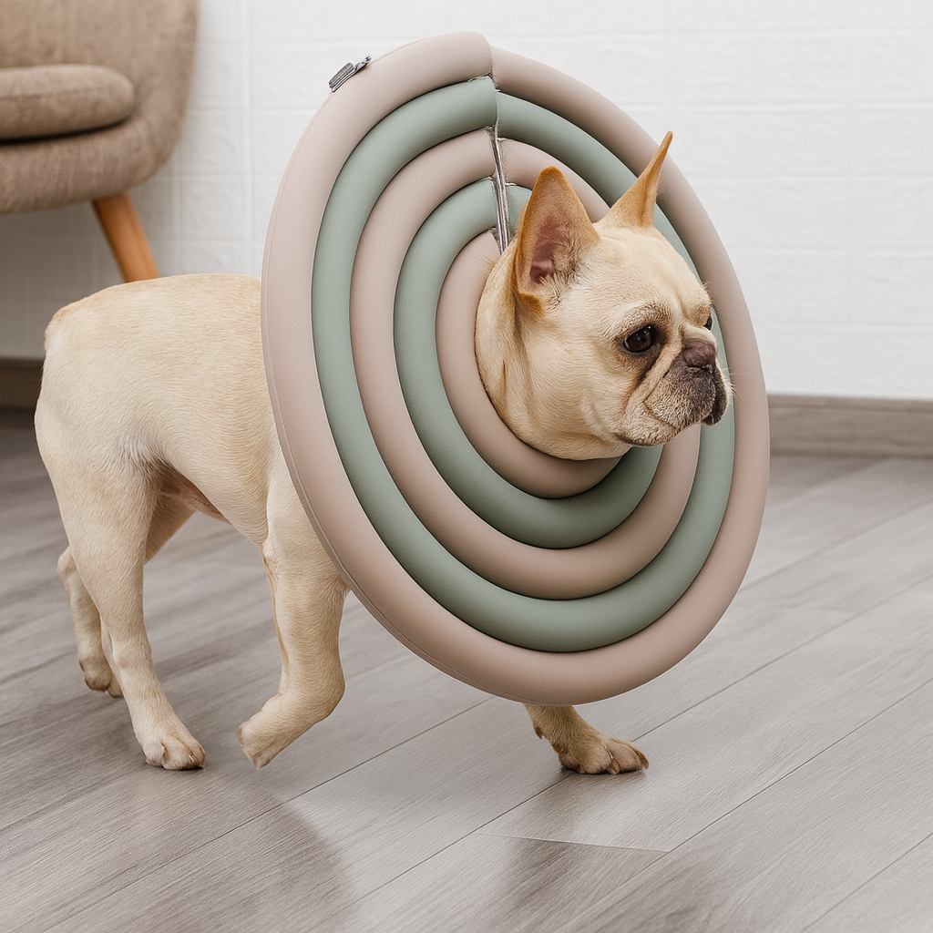Buldog de couleur blanc portant une collerette ronde. Le chien marche sur du parquet gris avec en fond une chaise grise. Image produit Boutiquechien