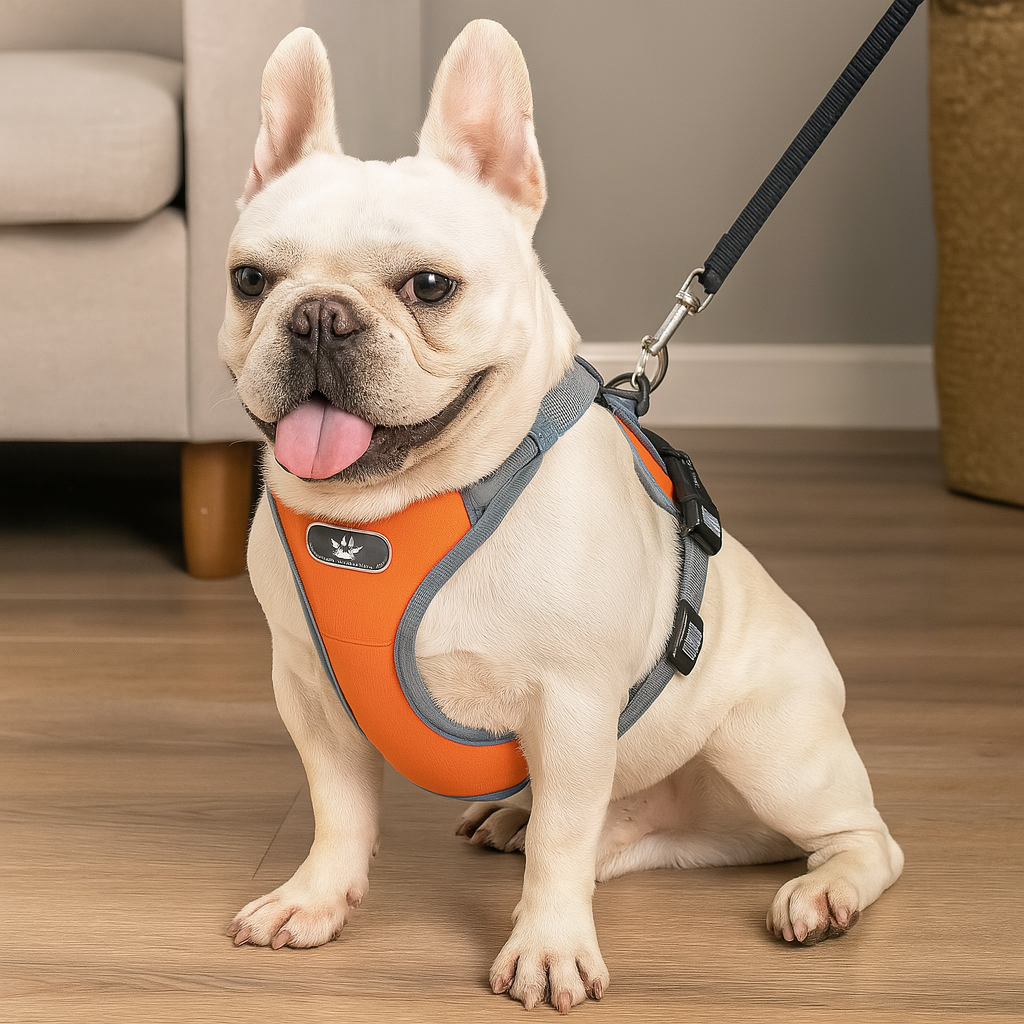 Buldog blanc avec un gros harnais de couleur orange et gris durable et résistant. En fond il y a un canapé pour chien. Image produit Boutiquechien
