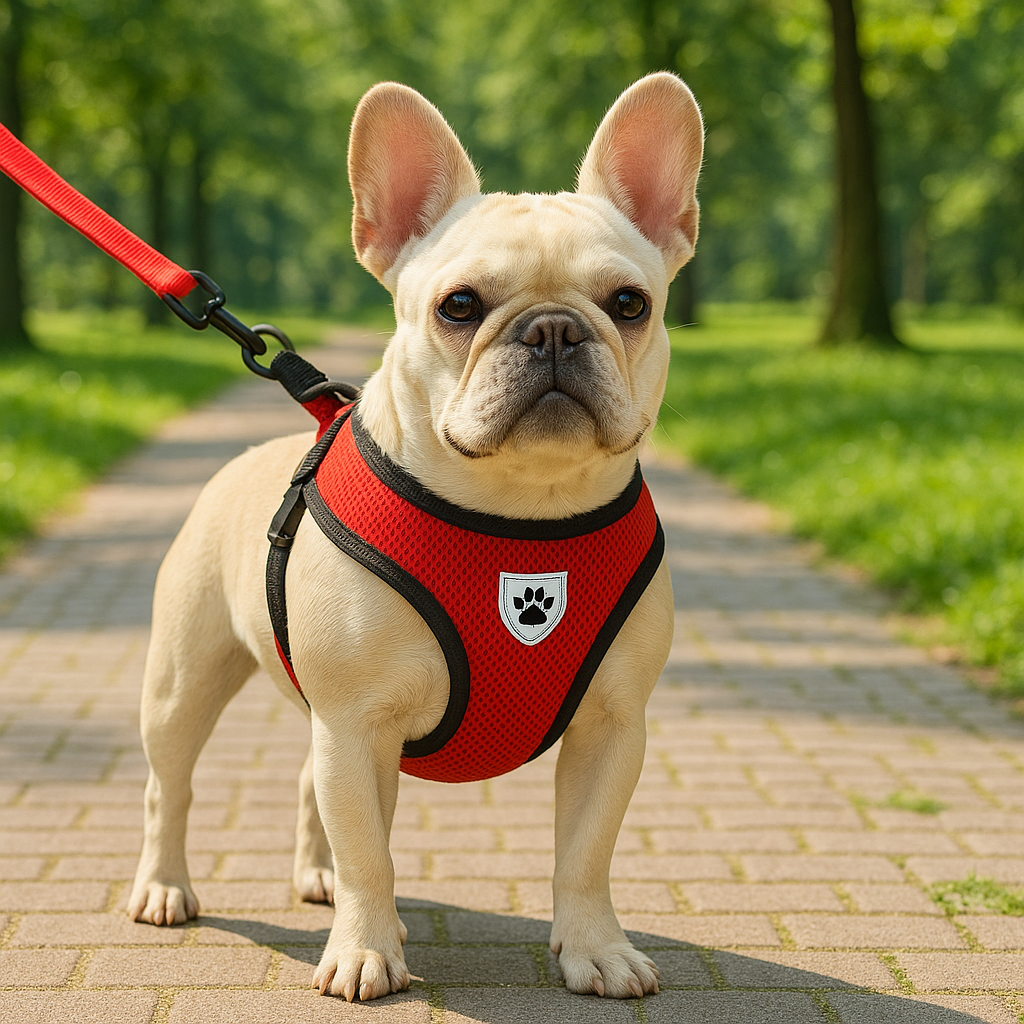 Harnais chien de couleur rouge avec laisse rouge assortie. Le chien est un buldog de couleur blanc debout dans un parc vert sur des pavés. Image produit Boutiquechien