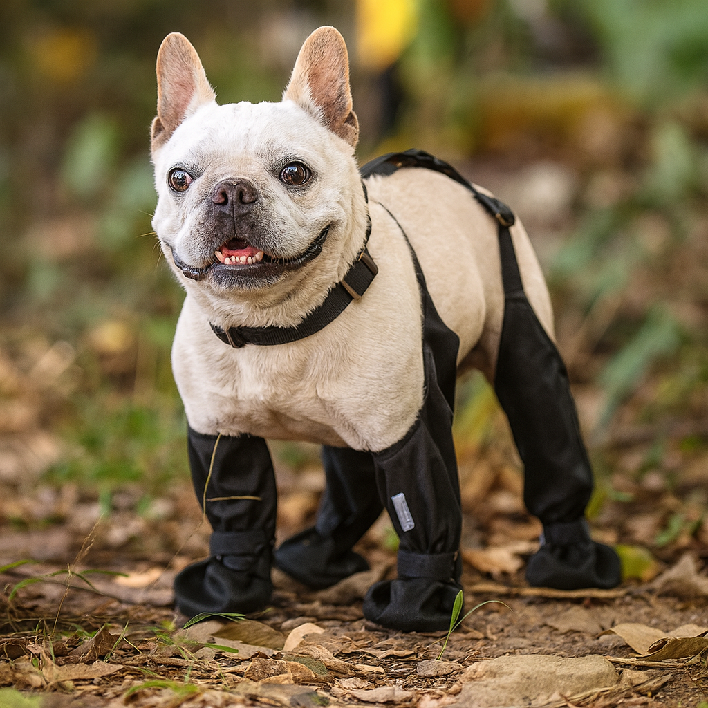 Petit chien de couleur blanc portant des bottes hautes dans une forêt de couleur foncé. Image produit boutiquechien