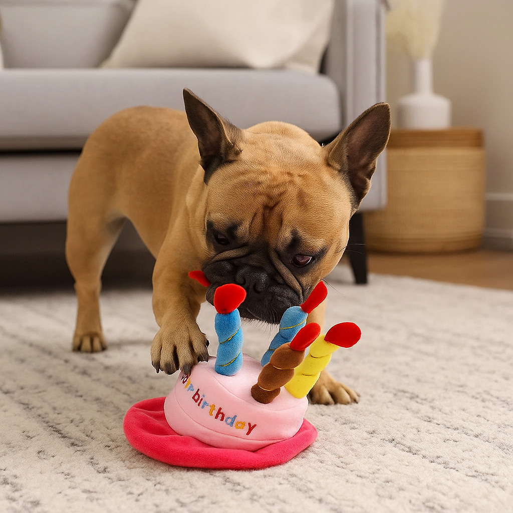 Buldog brun jouant avec son chapeau chien en peluche. En fond il y a un canapé de couleur gris avec un meuble en bois en fond. Image produit Boutiquechien