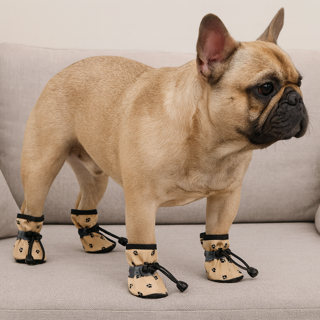 Bottes pour chiens de couleur beige et noir avec des formes de pattes. Les bottes sont ajustable facilement. Un buldog de couleur claire les ports en étant debout sur un canapé beige de boutiquechien. Image produit Boutiquechien