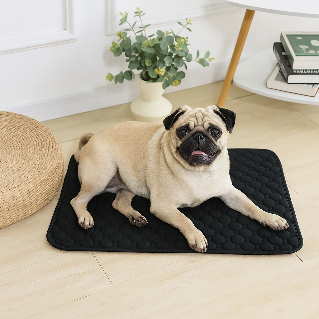 Buldog de couleur noir et blanc couché sur un tapis absorbant de couleur noir près d'une plante verte et d'une table en bois blanc avec des livres. Image produit Boutiquechien